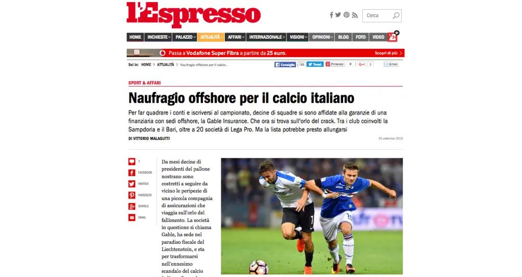Calcio, “L’Espresso”: Naufragio offshore per il calcio italiano colpa della “Gable”. Nei 20 club anche il Siracusa