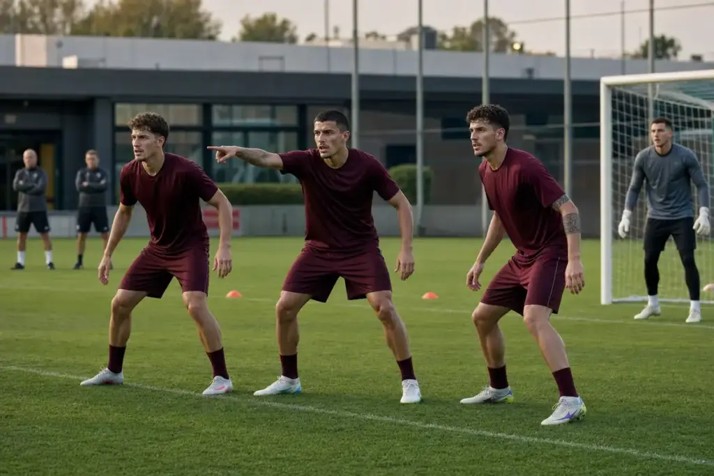 Tre difensori in maglia granata in allenamento, linea a tre compatta davanti al portiere vicino alla porta