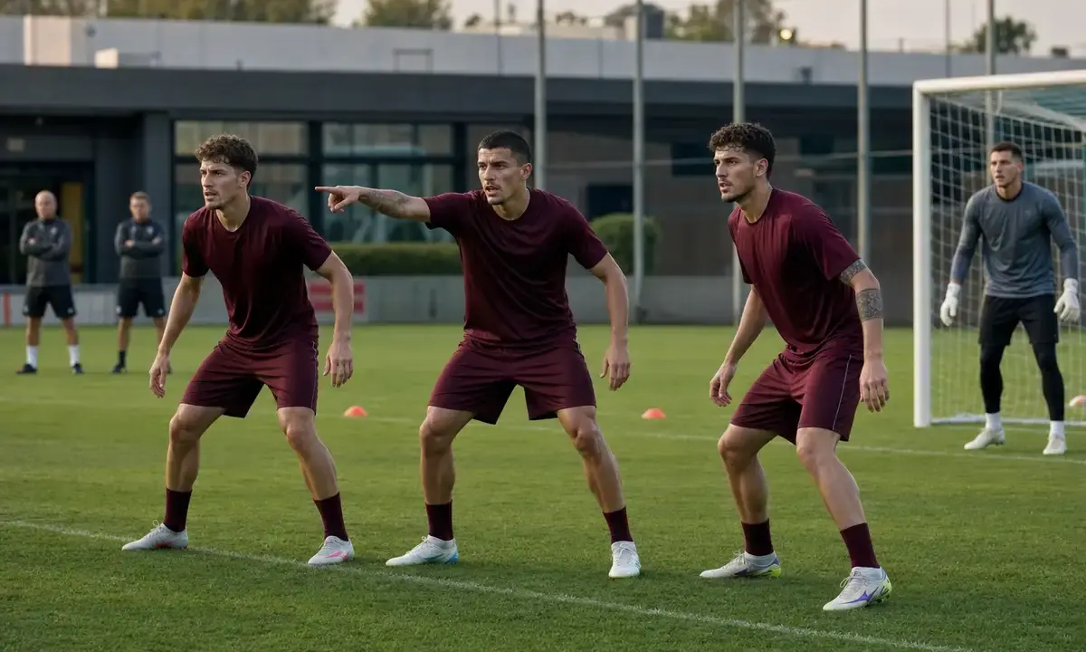 Tre difensori in maglia granata in allenamento, linea a tre compatta davanti al portiere vicino alla porta