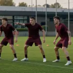 Tre difensori in maglia granata in allenamento, linea a tre compatta davanti al portiere vicino alla porta