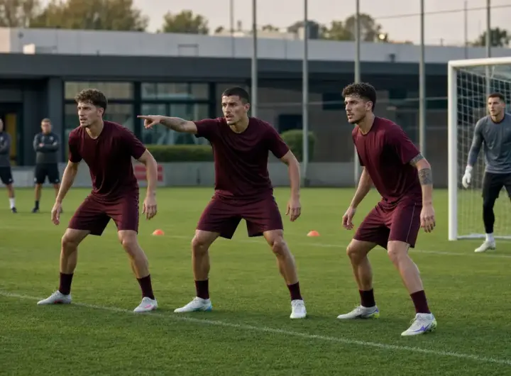Tre difensori in maglia granata in allenamento, linea a tre compatta davanti al portiere vicino alla porta