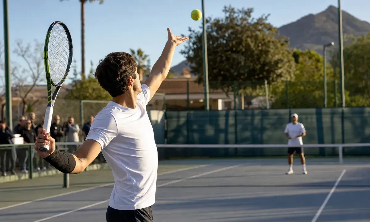 Tennista al servizio su campo in cemento con fascia nera al polso destro, spettatori dietro la recinzione