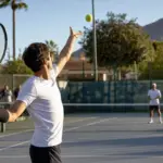 Tennista al servizio su campo in cemento con fascia nera al polso destro, spettatori dietro la recinzione