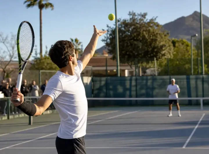 Tennista al servizio su campo in cemento con fascia nera al polso destro, spettatori dietro la recinzione