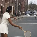 Donna in abito bianco gioca a tennis su un campo improvvisato in strada, con rete e auto d’epoca sullo sfondo