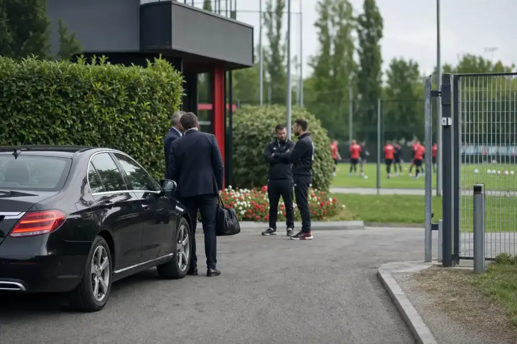 Auto nera all’ingresso di un centro sportivo, con dirigenti e staff che parlano e giocatori in rosso sul campo sullo sfondo