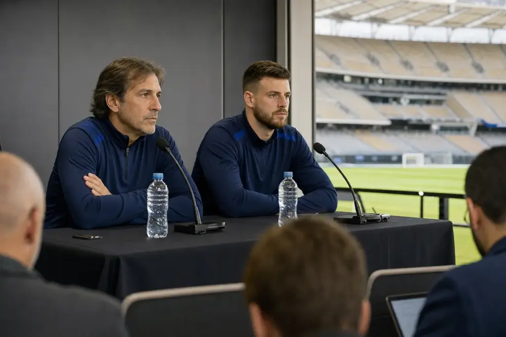 Allenatore e portiere in conferenza stampa allo stadio, seduti al tavolo con microfoni e bottiglie d’acqua