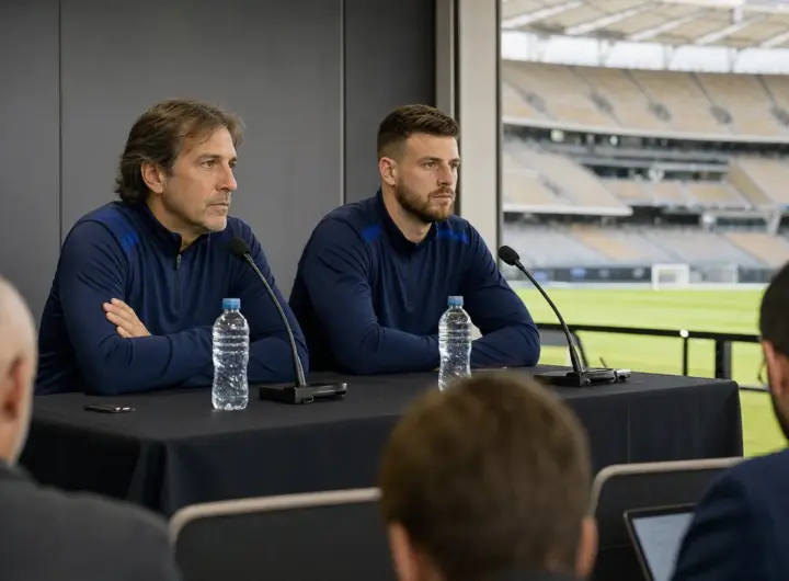 Allenatore e portiere in conferenza stampa allo stadio, seduti al tavolo con microfoni e bottiglie d’acqua
