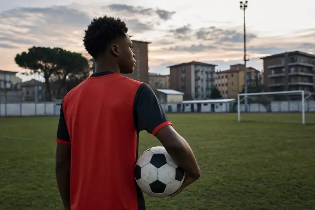 Giovane calciatore di spalle con maglia rossa e nera, pallone sotto braccio su un campo di periferia al tramonto