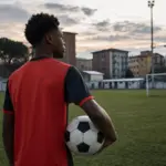 Giovane calciatore di spalle con maglia rossa e nera, pallone sotto braccio su un campo di periferia al tramonto