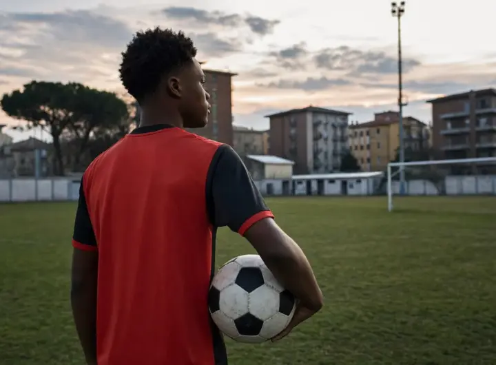 Giovane calciatore di spalle con maglia rossa e nera, pallone sotto braccio su un campo di periferia al tramonto