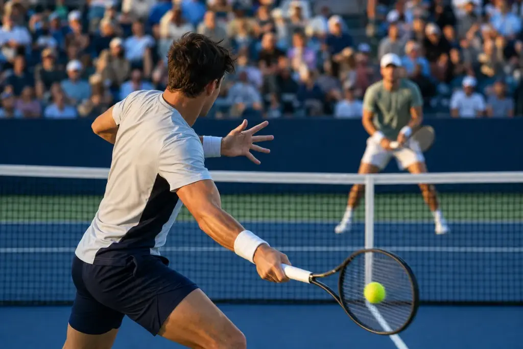Tennista in primo piano colpisce un diritto su un campo in cemento, con avversario oltre la rete e pubblico sugli spalti