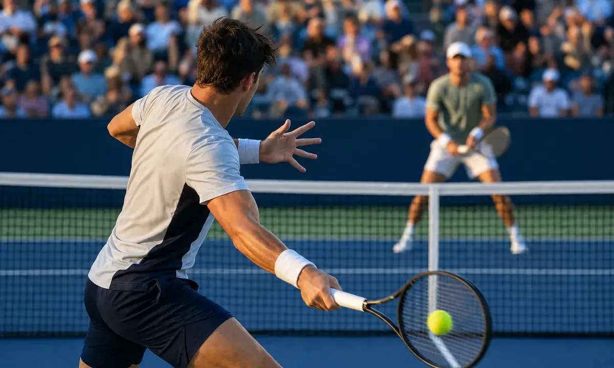 Tennista in primo piano colpisce un diritto su un campo in cemento, con avversario oltre la rete e pubblico sugli spalti