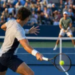 Tennista in primo piano colpisce un diritto su un campo in cemento, con avversario oltre la rete e pubblico sugli spalti
