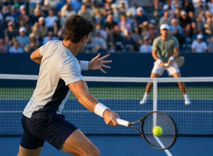 Tennista in primo piano colpisce un diritto su un campo in cemento, con avversario oltre la rete e pubblico sugli spalti