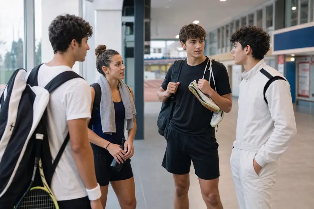 Quattro giovani atleti parlano in un centro sportivo, tra borsa da tennis, asciugamano, scarpe da corsa e tuta da pilota