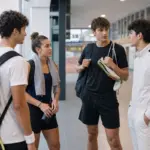 Quattro giovani atleti parlano in un centro sportivo, tra borsa da tennis, asciugamano, scarpe da corsa e tuta da pilota