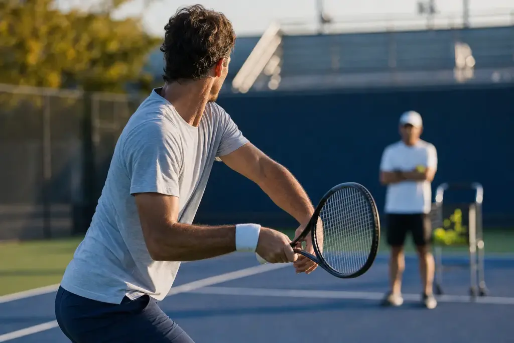 Tennista su campo in cemento durante un allenamento, mentre prepara un colpo da fondo con un coach sfocato sullo sfondo