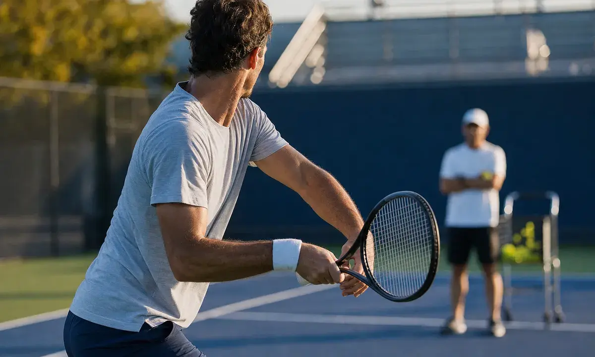 Tennista su campo in cemento durante un allenamento, mentre prepara un colpo da fondo con un coach sfocato sullo sfondo