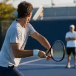 Tennista su campo in cemento durante un allenamento, mentre prepara un colpo da fondo con un coach sfocato sullo sfondo