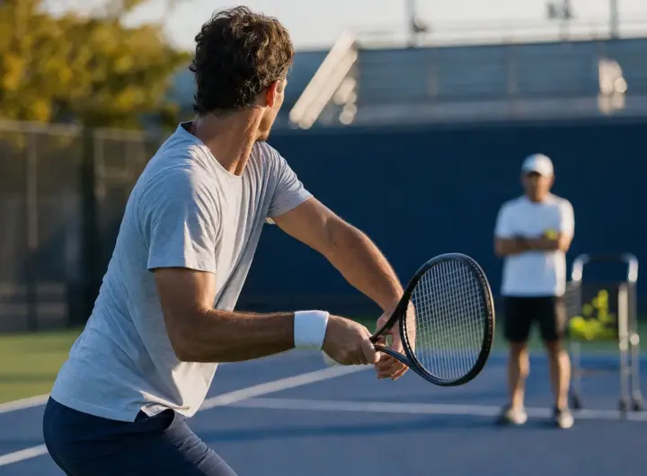 Tennista su campo in cemento durante un allenamento, mentre prepara un colpo da fondo con un coach sfocato sullo sfondo