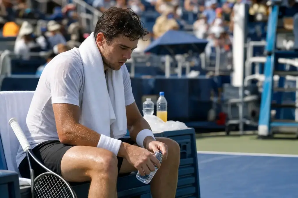 Tennista sudato e affaticato seduto in panchina con asciugamano al collo e bottiglietta d’acqua in mano