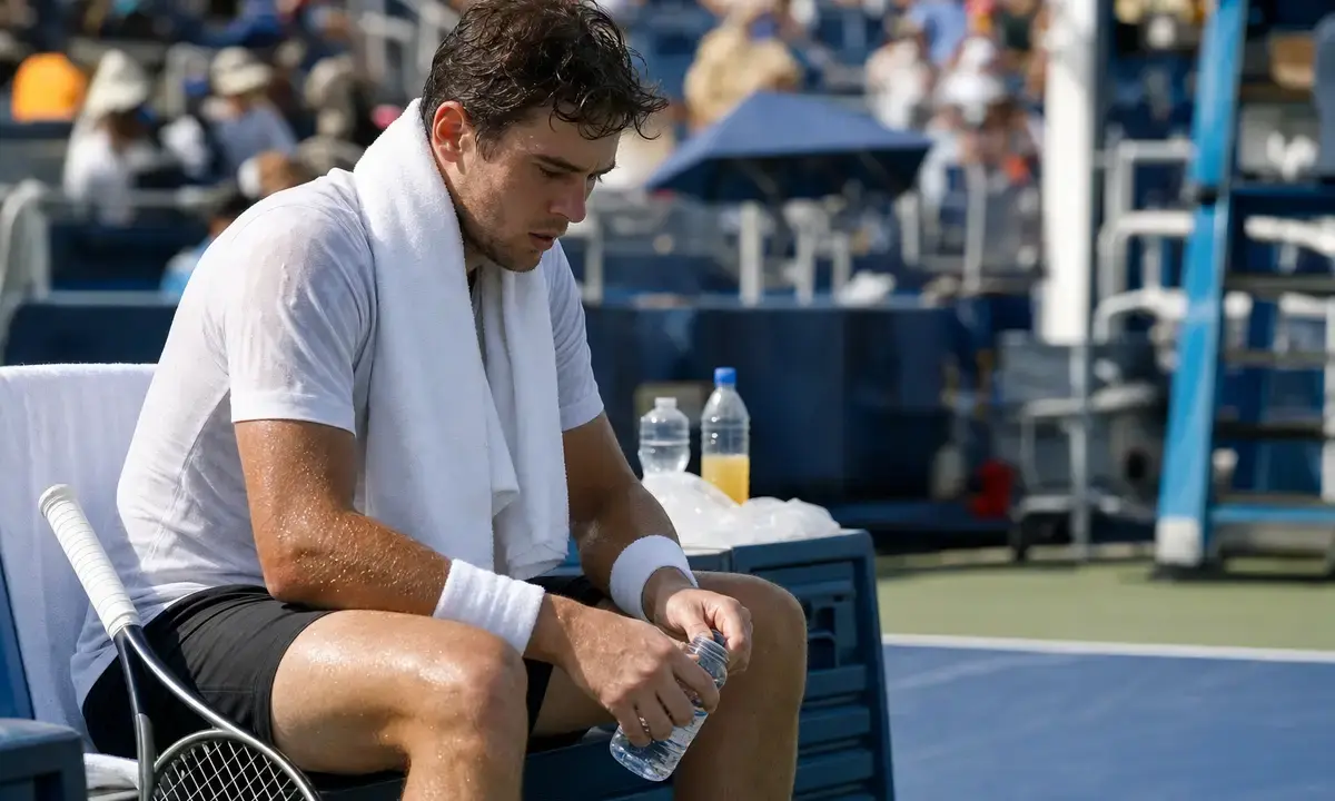 Tennista sudato e affaticato seduto in panchina con asciugamano al collo e bottiglietta d’acqua in mano