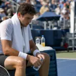 Tennista sudato e affaticato seduto in panchina con asciugamano al collo e bottiglietta d’acqua in mano
