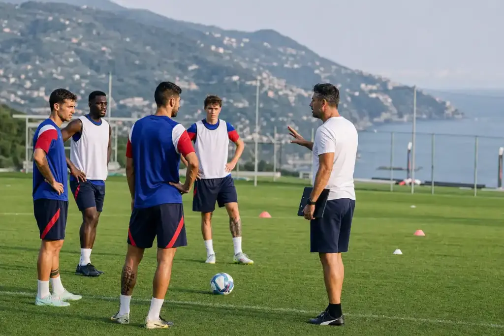Allenatore parla a quattro calciatori in campo d’allenamento con pallone e coni, col mare sullo sfondo