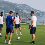 Allenatore parla a quattro calciatori in campo d’allenamento con pallone e coni, col mare sullo sfondo