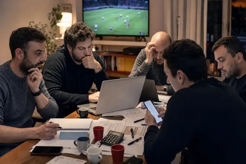 Quattro persone intorno a un tavolo con laptop, smartphone, fogli e calcolatrice durante un’asta di fantacalcio, TV sullo