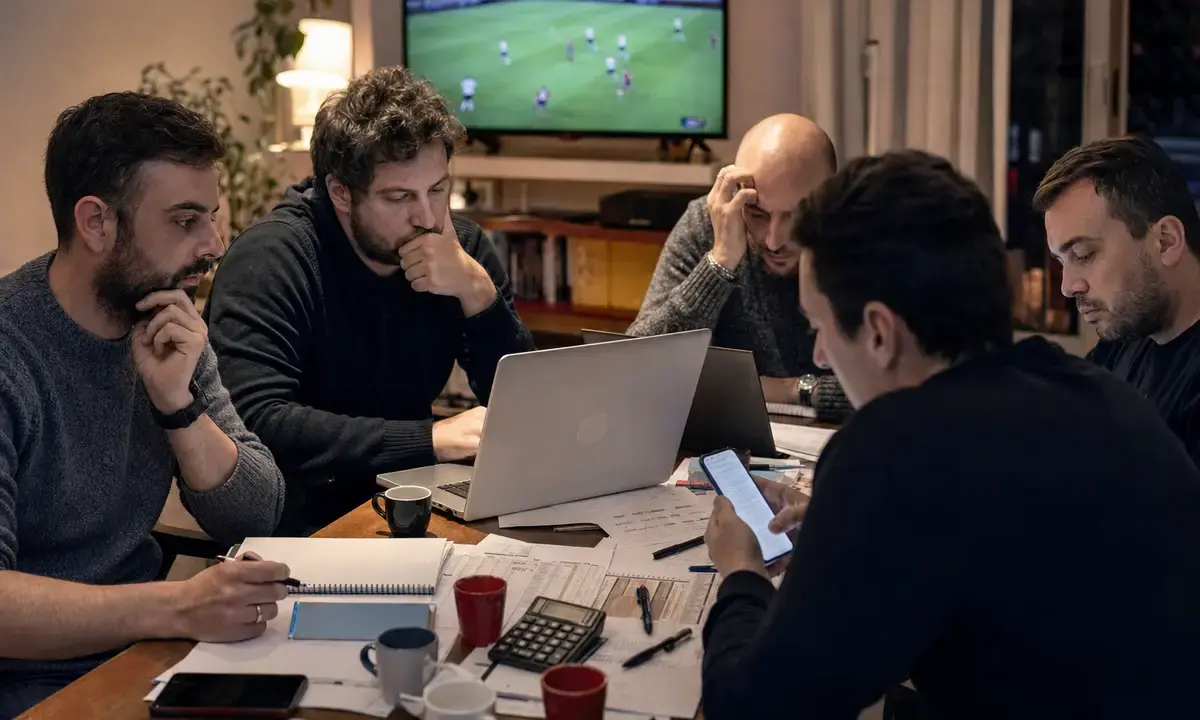 Quattro persone intorno a un tavolo con laptop, smartphone, fogli e calcolatrice durante un’asta di fantacalcio, TV sullo