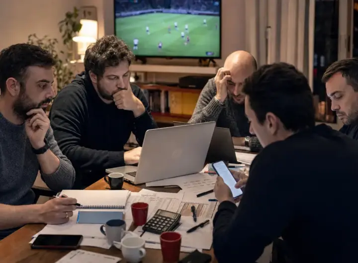 Quattro persone intorno a un tavolo con laptop, smartphone, fogli e calcolatrice durante un’asta di fantacalcio, TV sullo