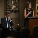 Donna elegante al podio parla con la mano sul petto mentre un uomo in abito, seduto accanto, si commuove