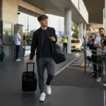 Giovane calciatore in arrivo fuori dal terminal con valigia e borsa, mentre tifosi e giornalisti lo riprendono