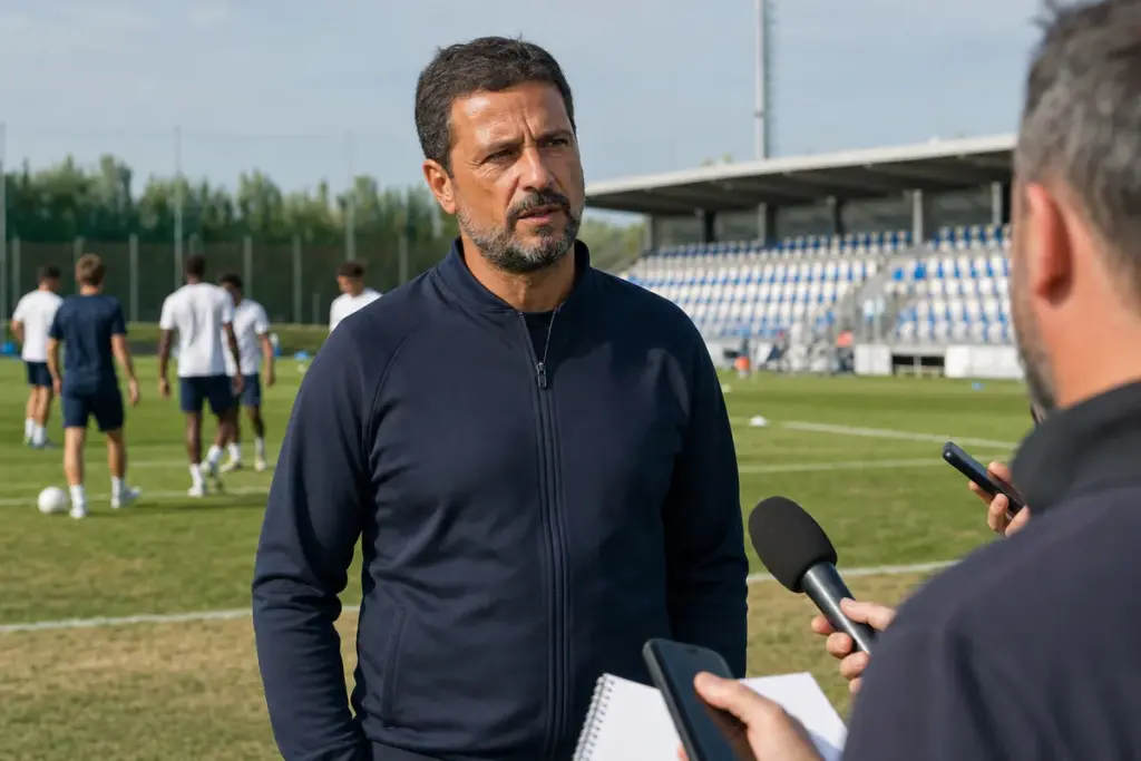 Allenatore in tuta blu parla con i giornalisti a bordo campo in un centro sportivo, con giocatori sullo sfondo