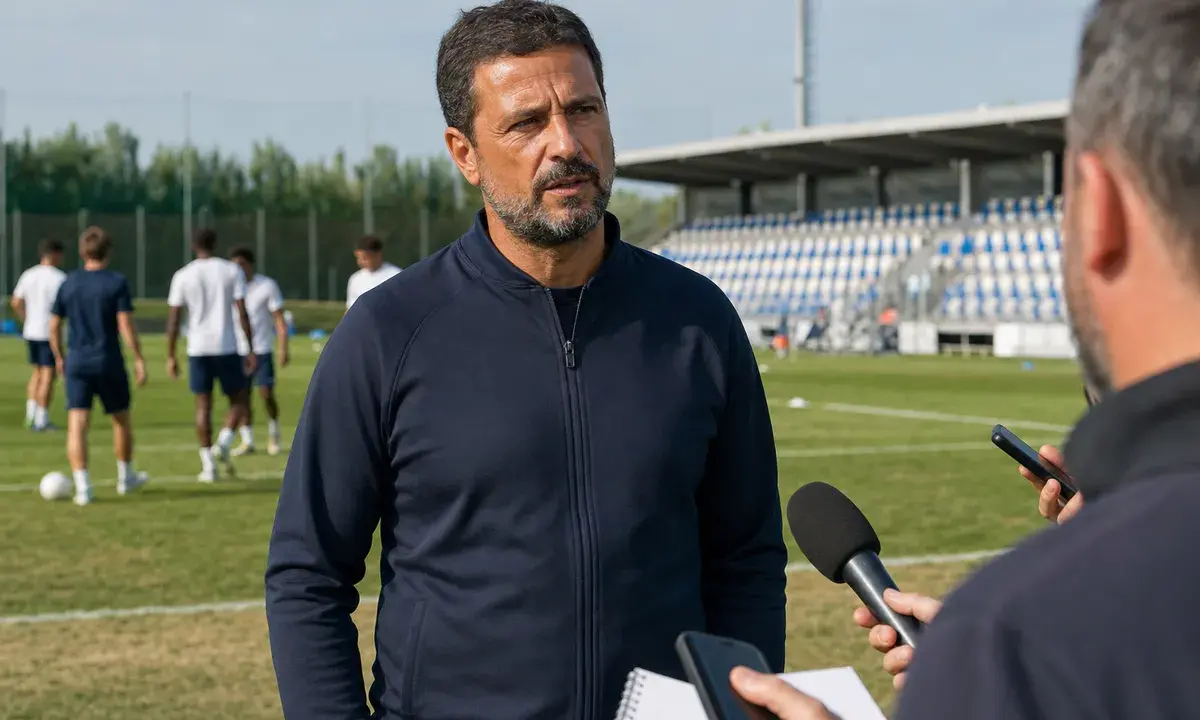 Allenatore in tuta blu parla con i giornalisti a bordo campo in un centro sportivo, con giocatori sullo sfondo