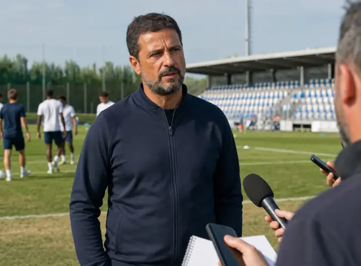 Allenatore in tuta blu parla con i giornalisti a bordo campo in un centro sportivo, con giocatori sullo sfondo