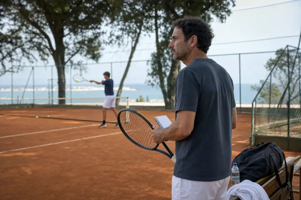 Allenatore con racchetta e taccuino osserva un giovane tennista in allenamento su campo in terra rossa sul mare