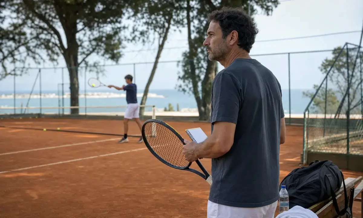 Allenatore con racchetta e taccuino osserva un giovane tennista in allenamento su campo in terra rossa sul mare