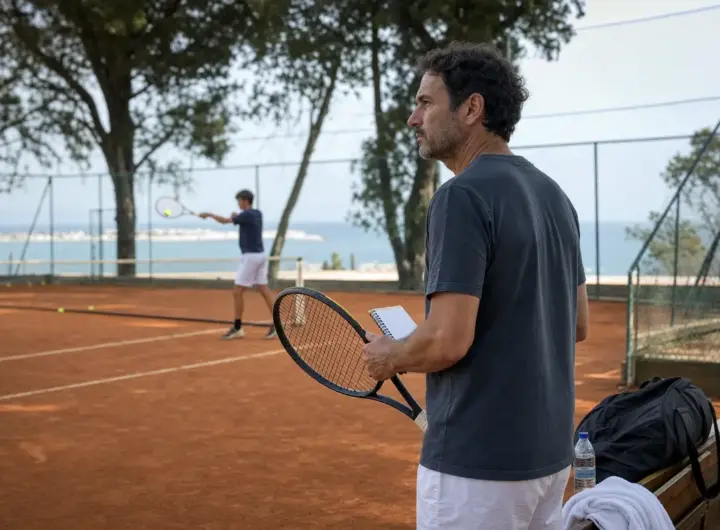 Allenatore con racchetta e taccuino osserva un giovane tennista in allenamento su campo in terra rossa sul mare