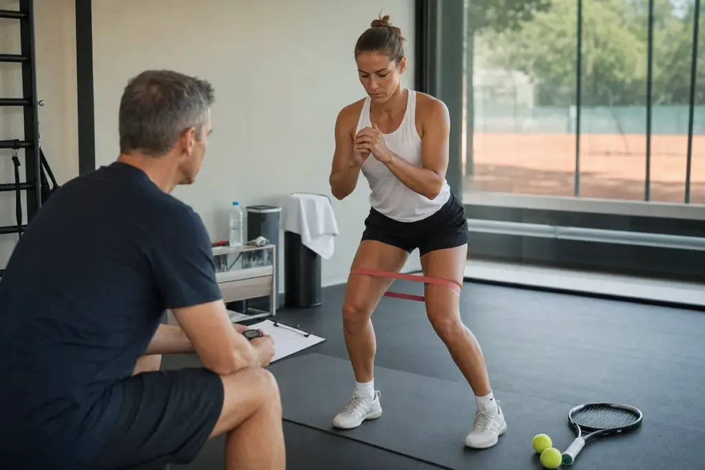 Coach osserva una tennista mentre esegue uno squat con fascia elastica in palestra, con racchetta e palline a terra