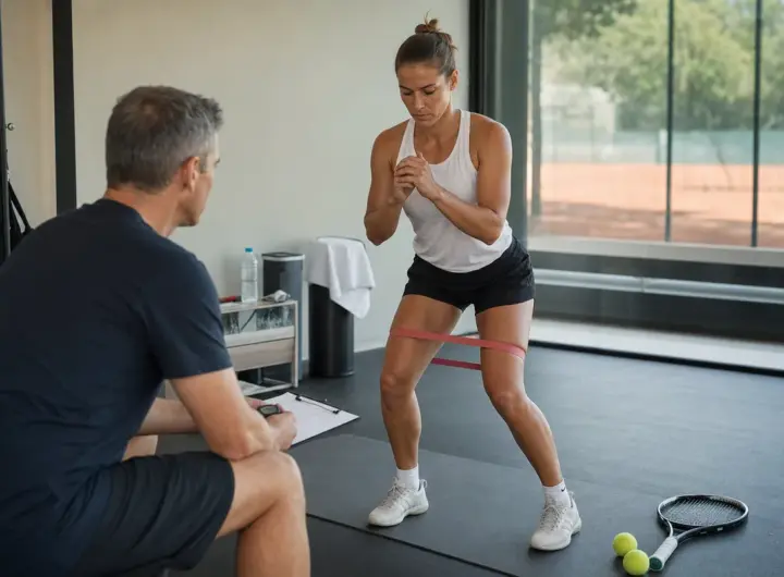 Coach osserva una tennista mentre esegue uno squat con fascia elastica in palestra, con racchetta e palline a terra