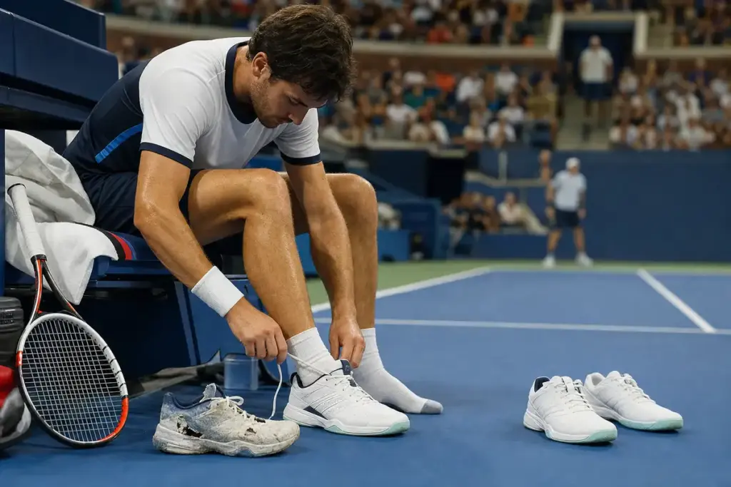Tennista seduto in panchina che cambia scarpa su un campo in cemento, con una scarpa consumata e un paio di ricambio a terra