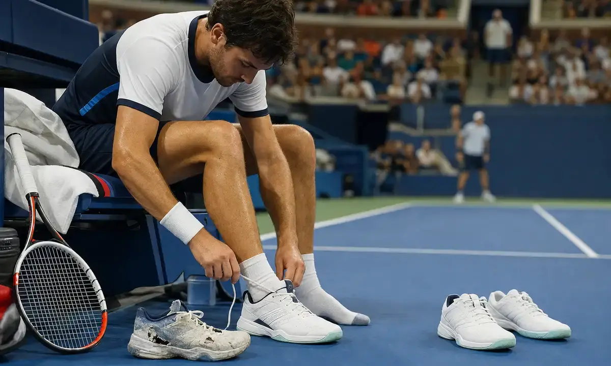 Tennista seduto in panchina che cambia scarpa su un campo in cemento, con una scarpa consumata e un paio di ricambio a terra