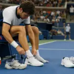 Tennista seduto in panchina che cambia scarpa su un campo in cemento, con una scarpa consumata e un paio di ricambio a terra