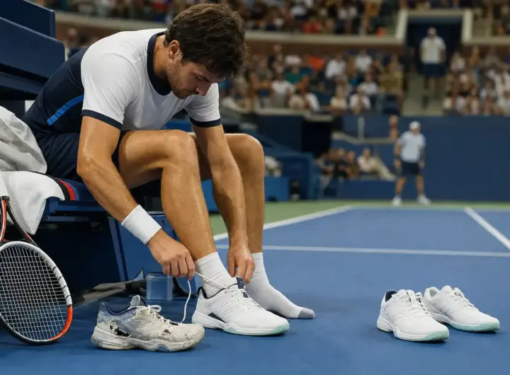 Tennista seduto in panchina che cambia scarpa su un campo in cemento, con una scarpa consumata e un paio di ricambio a terra