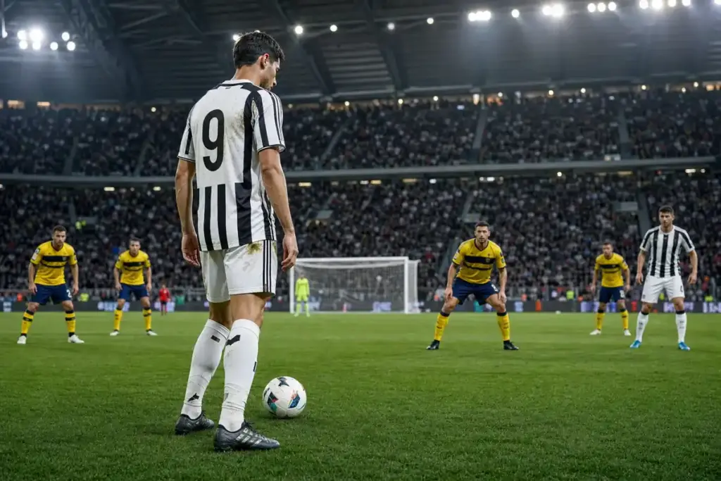 Attaccante in maglia bianconera numero 19 con il pallone, davanti a difensori gialloblù e alla porta in uno stadio pieno