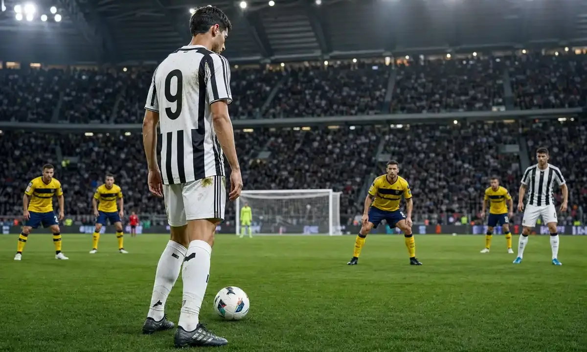 Attaccante in maglia bianconera numero 19 con il pallone, davanti a difensori gialloblù e alla porta in uno stadio pieno