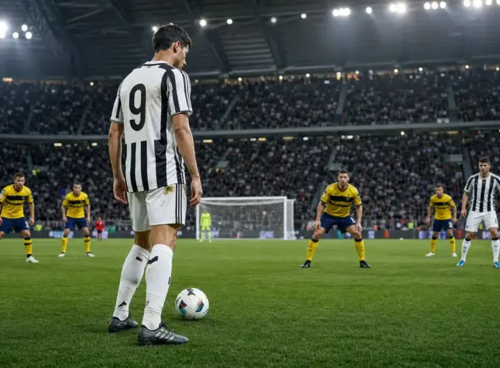Attaccante in maglia bianconera numero 19 con il pallone, davanti a difensori gialloblù e alla porta in uno stadio pieno